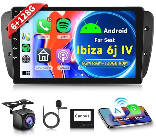 Rimoody 6G 128G Android Car Stereo for For SEAT IBIZA 6J MK4 2009-2014 with Carplay/Android Auto 9” HD Touchscreen Headunit GPS WiFi Bluetooth SWC FM RDS with Backup Camera