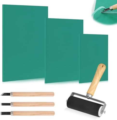 Kit de impresión Lino, 3 hojas de lino A4 A5 A6 con rodillo Brayer y 3 herramientas de corte, superficie plana suave verde, juego de placas de impresión de linocut para grabar sellos y manualidades