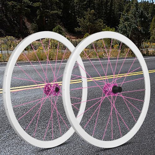 White Circles and Pink Spokes Road Bike Wheelset 35mm Height Disc-Brake with Aluminum Alloy Clincher Rim Bicycle Wheelset (Black hub, Six holes TA)