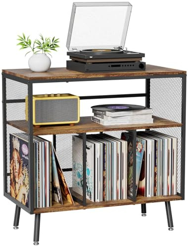 VyGrow Record Player Stand, 3-tier Vinyl Record Storage Cabinet with Up to 300+ Albums, Vinyl Holder Turntable Stand End Table Storage Rack for Bedroom & Living Room