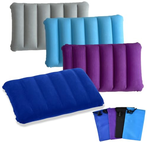 4 Pezzi Cuscino Gonfiabile Campeggio, Cuscini da Viaggio Gonfiabile, Cuscino Gonfiabili Morbidi Floccato con 4 Sacche Portaoggetti, Cuscino Piccolo per Camping Trekking Spiaggia Escursioni