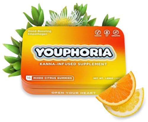 Youphoria Mixed Citrus Kanna Gummies, 600mg Vegan Botanical Supplement for Mood Support, Organic, 16 Count