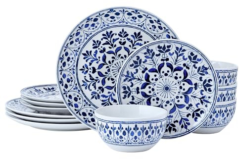 Pfaltzgraff Medallion Radiance 12 Piece Stoneware Dinnerware Plate Bowl Dish Set, Service for 4, Blue