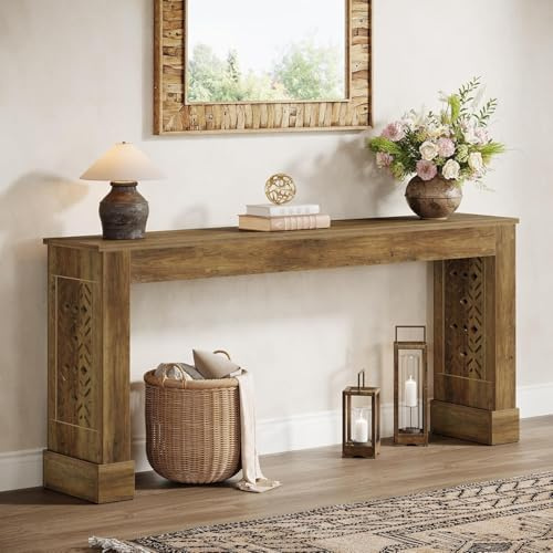 Tribesigns 160 cm Console D'entrée, Console Bois Industriel avec Pieds au Motif Creux Rétro pour Salon, Couloir, Foyer, Marron Rustique