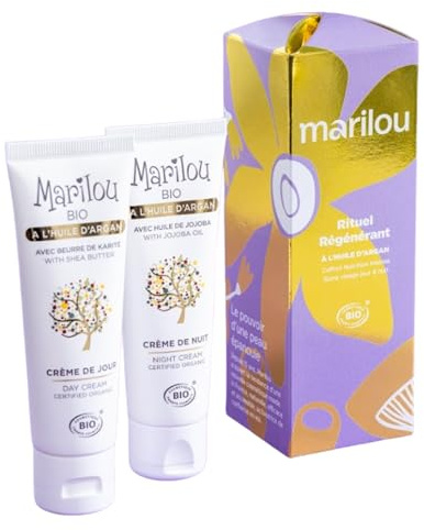 Marilou Bio - Coffret Rituel - Crème De Jour À L’Huile D’Argan 50Ml & Crème De Nuit À L’Huile D’Argan 50Ml – Soin Visage Hydratant, Réparateur Et Nourrissant - Peau Douce Et Éclat Naturel