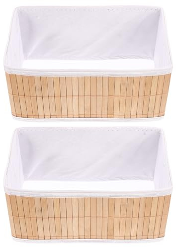 DEARMAMY Paniers Bambou Légers Faciles à Nettoyer et Toile pour Lot de 2 Pliables Rangement de Bureau, Cosmétiques, Fruits et Légumes