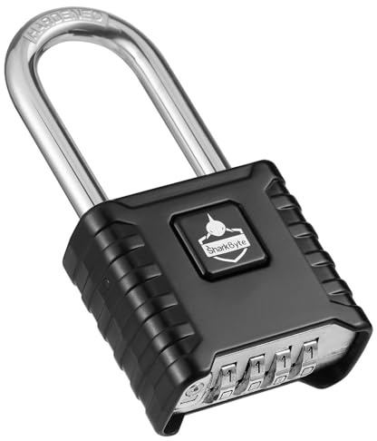 SharkByte Long Shackle Combination Padlock [Weatherproof] 52mm 4-Digit Outdoor Padlock with 8mm Stainless Steel Shackle, Anti-Rust & Resettable Code Lock for Gate, Fence, Garage, Shed, Gym - Black