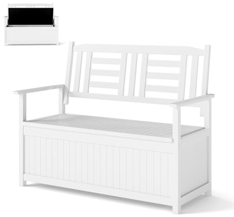 COSTWAY Gartenbank Holz mit Stauraum, wetterfeste Truhenbank, 2-Sitzer Holzbank mit integrierter Kissenbox, Balkonbank, Sitzbank für Garten, Balkon, Terrasse, 123 x 68,5 x 96 cm (Weiß)