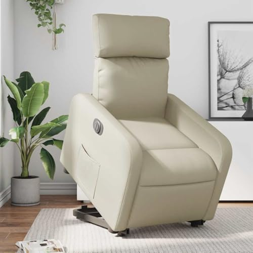 CongVVFV Elektrischer Relaxsessel mit Aufstehhilfe in Creme Kunstleder, Automatische Liegefunktion bis 135 Grad, Bequem und Stabil mit Seitentasche, Gesundheitsstuhl für Entspannung