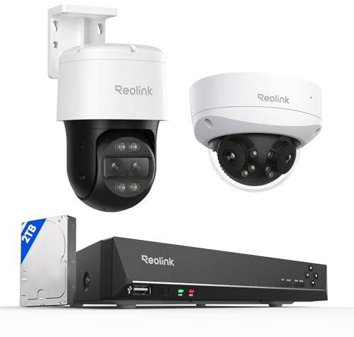 Reolink Überwachungskamera aussen mit Zwei Objektiven, Erkennung von Personen/Fahrzeugen/Tieren, 2-Wege-Audio, Farb-Nachtsicht, 8-Kanal-NVR mit 2 TB HDD, 1*TrackMix PoE, 1*Duo 3V PoE und 1*RLN8-410