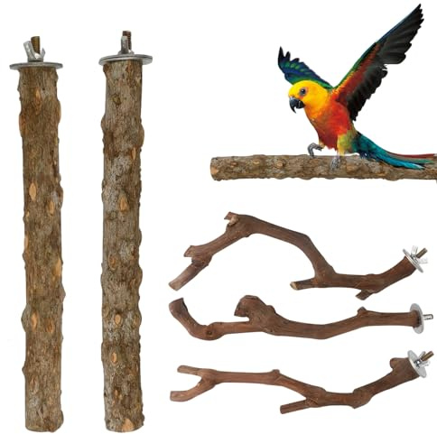 Fågelbur sittpinnar, 5 stycken interaktiva träleksaker för lek och uppvaknande | naturliga grenar - för fågelbur: Conures, balsitter, vågiga parakier, halsbandsperudier,