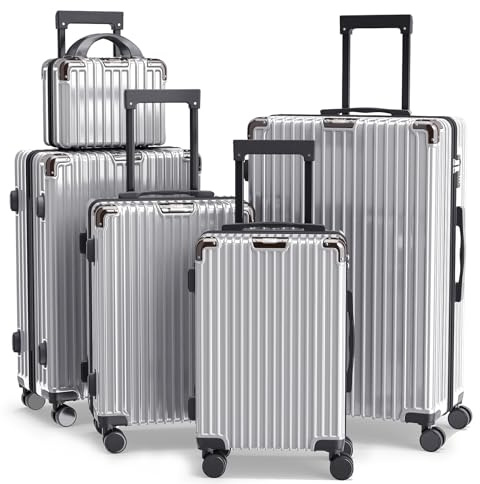 Ystyle Set de 5 Valises de Voyage Rigide Ensemble de Valise à 4 roulettes Pivotantes 360 °avec Portable Vanity Case, PC avec Coins Renforcés, Serrure à Combinaison, Bagage Cabine/Soute, Argent