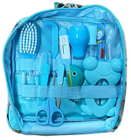 Kit de cuidado y aseo para bebés Aspirador nasal para bebés Cortaúñas Juego de cepillos para el cabello Kit de cuidado de limpieza diario para recién nacidos 13 piezas/juego Estilo B Azul