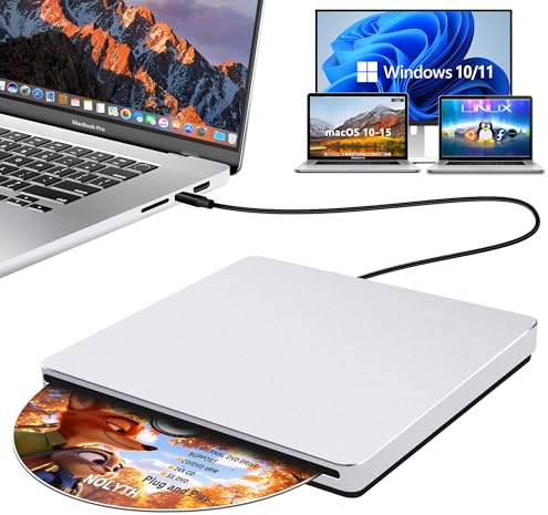 NOLYTH Extern CD-DVD-enhet för bärbar dator: Bärbar USB C CD/DVD-spelare brännarläsare för Mac PC Windows 11 med USB 3.0-adapter aluminiumlegering slot in SuperDrive för Apple