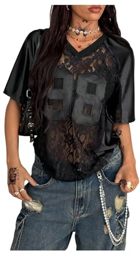 GORGLITTER Women's Y2K Lace Sheer Jersey Tops V Neck Short Sleeve T Shirts | Number Print, Loose Fit, V Neck, Oversized Jersey Top, Music Festival Outfits, Rave Vacation Outfit