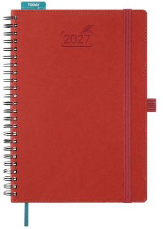 BEZEND Kalender 2027 Buchkalender 1 Woche 2 Seiten A5 (21,5 x 15,5 cm) | 12-Monate Wochenplaner (Jan - Dez 2027), Ringbuch mit PU-Leder Softcover, 100 GSM Papier, Rot