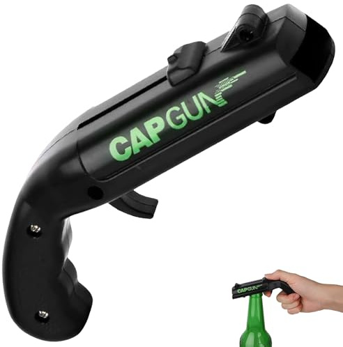 Apribottiglie Pistola Sparatappi, Spara Tappi Birra Creativo e Divertente, Gadget per Feste e Bar, Cavatappi a Forma di Pistola in Plastica Resistente, Regalo Originale per Uomo, Nero