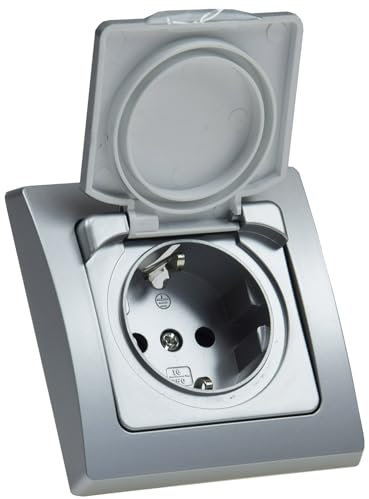 DELPHI Steckdose Unterputz IP44 Feuchtraum-Steckdose mit Schutz-Deckel Aussensteckdose mit Gummidichtung für Küche Bad Terrasse Balkon Grau Silber