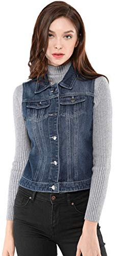 Allegra K Women's Buttoned Washed Denim Vest Jacket W Chest Flap Pockets Medium Blue