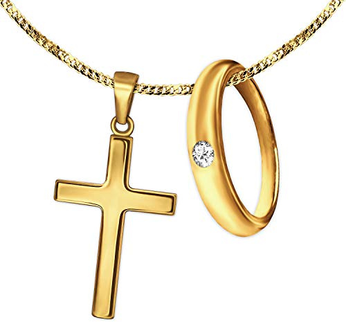 CLEVER SCHMUCK Juego de 2 colgantes dorados de anillo de bautizo de 12 mm de diámetro con circonitas blancas y cruz infantil de 15 mm, cadena sencilla y fina, 38 cm brillante, todo oro 333 de 8