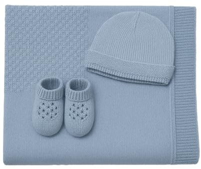 CLASSE77 Copertina in Lana Merino per Neonati con Babbucce e Cappello, Prodotto Artigianale, Made in Italy (Azzurro)