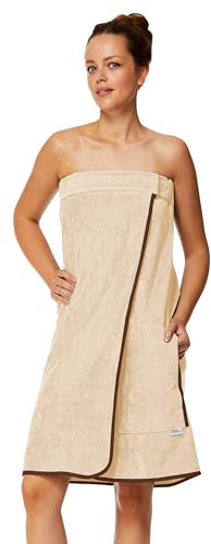 Sowel® Kilt da Sauna da Donna, 100% Cotone Biologico, Asciugamano da Sauna con Chiusura e Elastico, Lunghezza al Ginocchio, 80 x 130 cm, Colore: Beige/Marrone