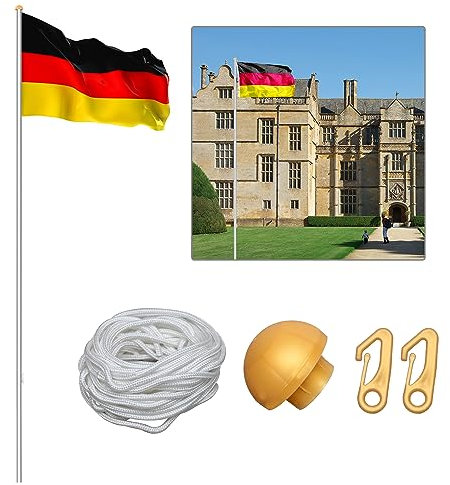 Eulenke Aluminium Teleskop-Fahnenmast 6,98m - Inkl. Deutschlandflagge & Zubehör - Höhenverstellbar - Flagge - Bodenhülsen - Ideal für Garten, Festival & mehr