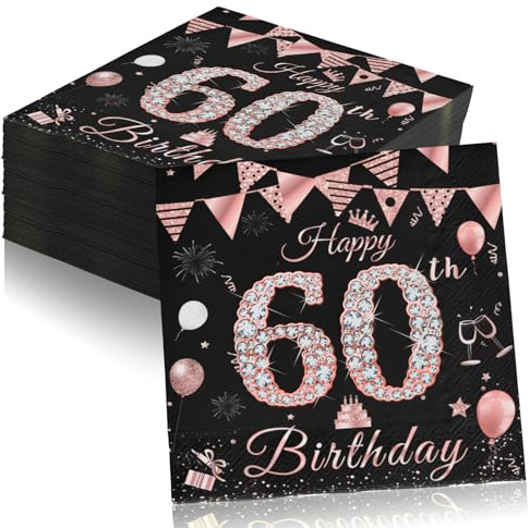Serviettes 60 geburtstag frau, 40 Stück Papierserviette Mädchen Happy Birthday Servietten Decorations, Schwarz Rosé Gold Tischdekoration für Party Geburtstag, Papierservietten zum 60. Geburtstag