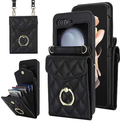 Draamvol Étui portefeuille pour Samsung Galaxy Z Flip 7 FE/Z Flip 6 - En cuir synthétique résistant aux chocs - Avec porte-cartes et anneau - Collier amovible - Protection magnétique RFID - Charnière