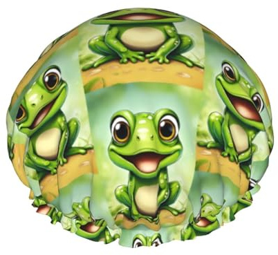 Rich&Rabbit Duschhaube mit grünem Frosch-Druck, für Damen, elastisch, wiederverwendbar, auslaufsicher, doppellagig