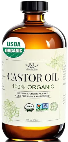 Bathrest Castor Oil Organic Cold Pressed Unrefined Glass Bottle 100% Pure for Hair Growth Eyelashes Brows Castor Oil Packs, Natural Skin Moisturizer, USDA Certified Hexane Free Vegan 16 oz (473ml)