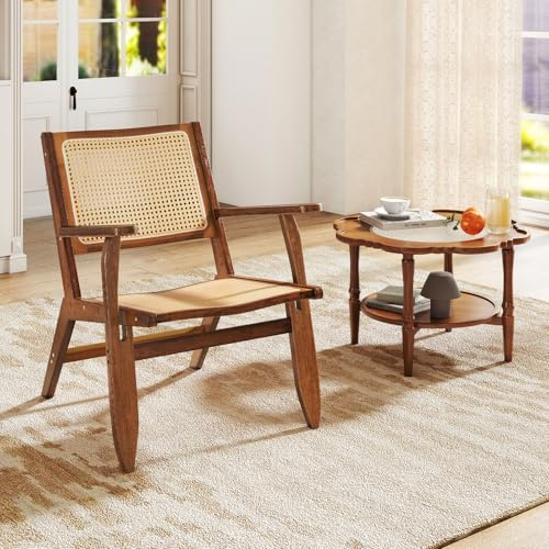 RELAX4LIFE Fauteuil de Salon en Rotin Vintage, Fauteuil de Relaxation Scandinave en Bois avec Accoudoirs, Style Milieu du Siècle pour Salon Chambre à Coucher, Noyer