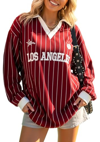 Navneet Women Oversized T Shirts Y2K Jersey Tops Striped Long Sleeve Tops Polo Rugby Shirt Graphic V Neck T Shirts Fall Burgundy S
