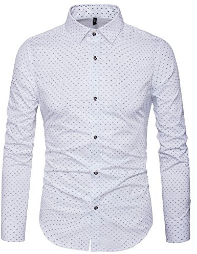 MUSE FATH Men’s Printed Dress Shirt-Cotton Casual Long Sleeve Shirt- Button Down Wedding Dress Shirt-White-XS