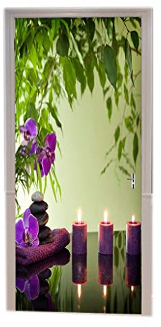 A.Monamour Stickers Muraux Pierres Zen Bougies Orchidées Fleur Serviette Spa Nature Morte Abstrait Fond Vinyle Chambre Porte Stickers Papier Peint Peintures Murales Amovible Porte Autocollants