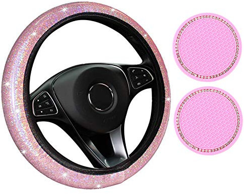 Lenkradbezug Glitzer，PU Bling Bling Leder Lenkradbezug, Autozubehör für Frauen, Auto Glitzernd Strasssteine, Elastische Dichtheit, Universal, rutschfest(Pink)