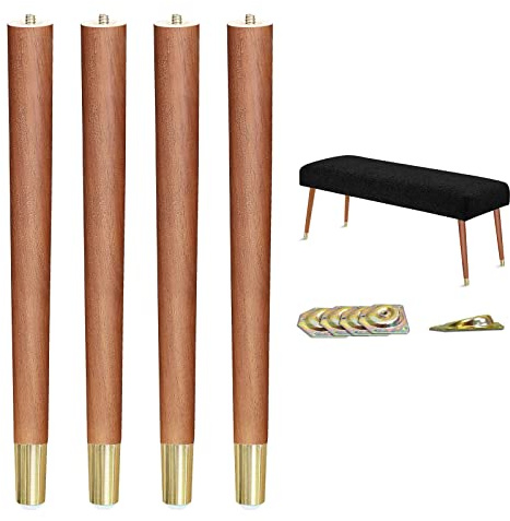 XBurmo Mid Century Table Legs,16'' Angled Tapered Solid Wood Table Legs for Stool Bench,Legs for Furniture Set of 4 with Gold Metal Edge Mounting Plates