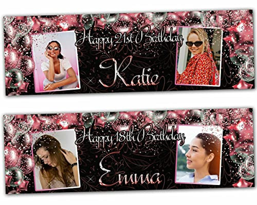 2 personalisierte Geburtstagsbanner Foto Rose Gold Rosa Party Ballon Blume Hochzeit Poster Dekoration Feier Ruhestand Jahrestag Geschenk Poster