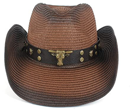QBQZXAOSOWH Fedora Trilby Damen Herren Stroh Hohl Western Cowboyhut Für Gentleman Cowgirl Jazz Church Cap Dad Sombrero Beach Sonnenhut Darkcoffee