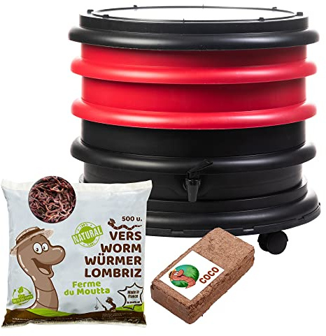 WormBox | Vermicompostador Compostera 2 bandejas Rojo + 250g de Lombrices / 500 und + 1 Coco | 32 litros | Composta residuos orgánicos, lombrices producen Humus de Lombriz
