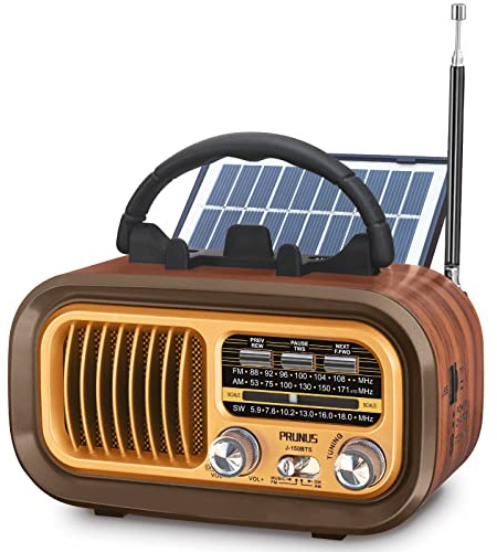 PRUNUS J-150 Portable Radio AM FM SW Bluetooth Speaker, Retro Radios Vintage Transistor with Best Sound, Solar/D Battery Operated/USB Charging, TWS, Support TF Card/USB Playing