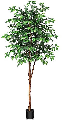 Kazeila Large Artificial Ficus Tree 210cm Tall Artificial Plants Indoor Fake Tree Fake Potted Tree with Natural Wood Trunk and Silk Leaves for Home Office Decor Indoor, Black, green, yellow