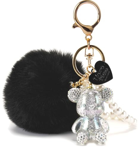 YOU WIZV Teddy Bear Keychain, Cute Bling Keychains for Women and Puff Ball key chains for Car Keys, Backpack, Purse Accessories, Aesthetic Black Pom Pom Keychain