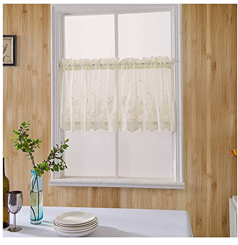 Yurosiay Rideau brise-bise vintage semi-transparent court - Petits rideaux - Rideau de bistrot brodé - Pour salon, chambre à coucher, cuisine - Beige - 137 x 61 cm