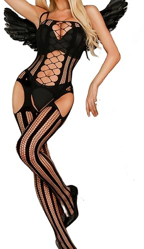 RSLOVE Womens Fishnet Bodystocking Lingerie Bodysuit One Piece Teddy Soft Tights Stockings One Size，Black