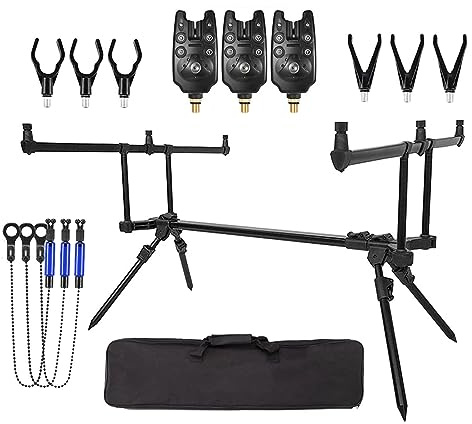Tiandirenhe Adjustable Retractable Carp Fishing Rod Stand Holder, Fishing Rod Pod Carp Stand with 3 Bite Alarms 3 PCS Bait Swinger Tackle Set Accessories