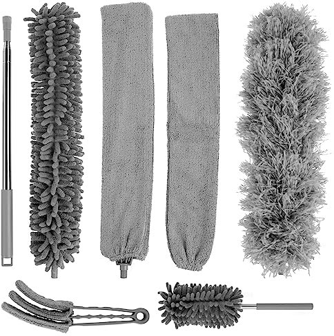 7Pcs Feather Dusters for Cleaning Extendable Duster with Telescopic Pole 100 Inch Long Handled Microfiber Duster Cleaner Tool Reusable Bendable Washable for High Ceiling Fans, Blinds, Under Sofa, Gap