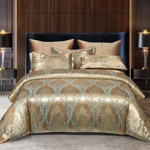 DXHOME Sängkläder, 200 x 200 cm, guld, beige, siden, satin, romantiskt mönster, barock, vändbara, set med 3 delar, påslakanset med dragkedja och 2 örngott på 80 x 80 cm