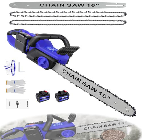16 Inch Handheld Chainsaw Battery Powered, Upgraded Brushless Cordless Chainsaw with 50ml Oil Capacity, 2 Chains Battery Chainsaw, Auto-Tension and Anti-Vibration Electric Chainsaw