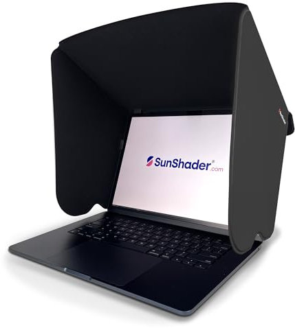 Laptop Sun Shade, SunShader 4 (New Slim-Bezel Rubber Clips) Laptop Shade, Computer Sun Shade for Working Outside, US Patent 10963010 (Medium, Charcoal Grey)